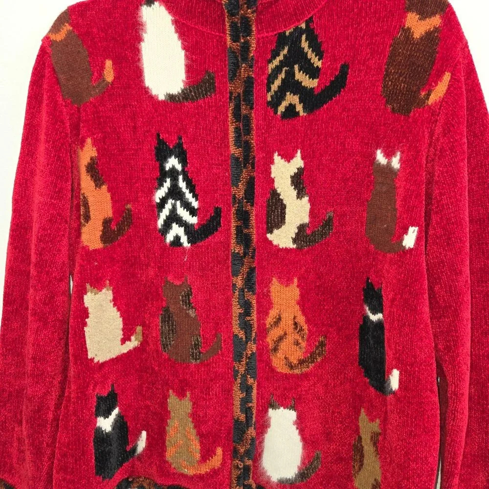 Susan Bristol Ltd. Vintage Womens L  Red Cat Print Full Zip Sweater 2288 - Picture 2 of 8